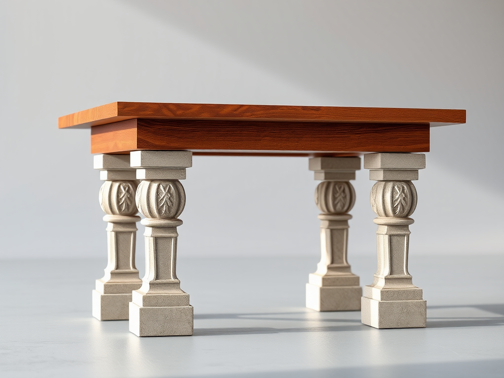 Generate a 3D rendering of a rectangular table with a smooth wooden top and ornate stone legs, captured from a low angle using a DSLR camera with a 50mm lens, aperture f/2.8, ISO 100, and natural lighting for enhanced clarity and detail.