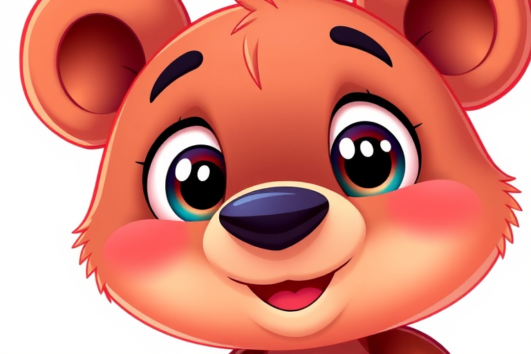 Create a cute cartoon bear character with large expressive eyes and a friendly smile, using a digital art style; camera settings: f/2.8, ISO 100, shutter speed 1/60s; camera view: close-up, vibrant colors; camera type: digital illustration.