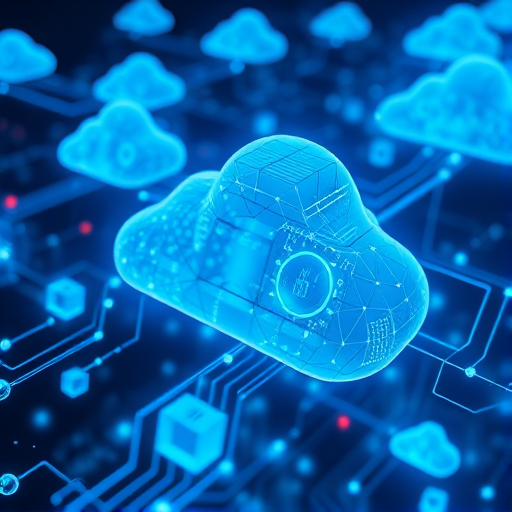 Generate a high-resolution digital image of a futuristic cloud computing network with glowing blue clouds and data streams, using a Canon EOS R5 camera, with a 50mm lens, f/1.8 aperture, ISO 100, and a shallow depth of field to enhance image clarity and vibrancy.