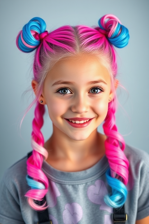 Playful picture of a teen with Bubblegum Pop tresses, a bright pink base with neon blue tips, styled in high pigtails with curled ends