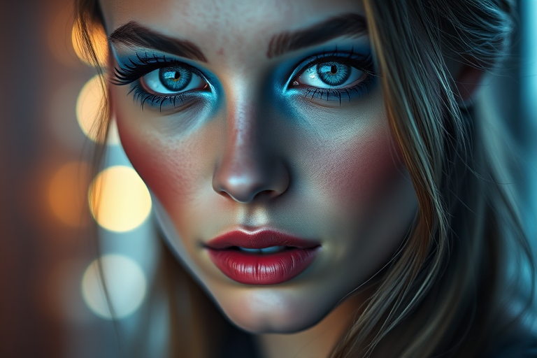 close-up portrait of a woman with striking blue eyes and artistic blue makeup, ethereal glowing effects around her, soft focus background, taken with a Canon EOS R5, 85mm lens, aperture f/1.4, ISO 100, natural light for enhanced clarity and detail