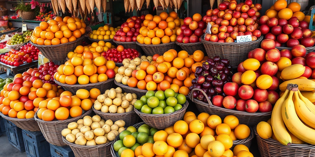 a vibrant market scene featuring an array of colorful fruits stacked in baskets with emphasis on oranges, apples, bananas, and lemons, taken with a Canon EOS R5 at 50mm f/1.8 lens, aperture f/2.8, ISO 200, natural lighting, slightly overhead view to capture the diversity and freshness of the produce
