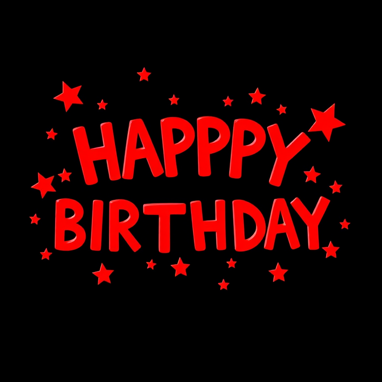 Create a festive birthday design featuring the text "HAPPY BIRTHDAY" in bold red letters surrounded by red stars on a black background, use a 50mm lens, aperture f/2.8 for a shallow depth of field, and set ISO to 100 for maximum clarity, captured with a digital SLR camera from a centered view for balanced composition.