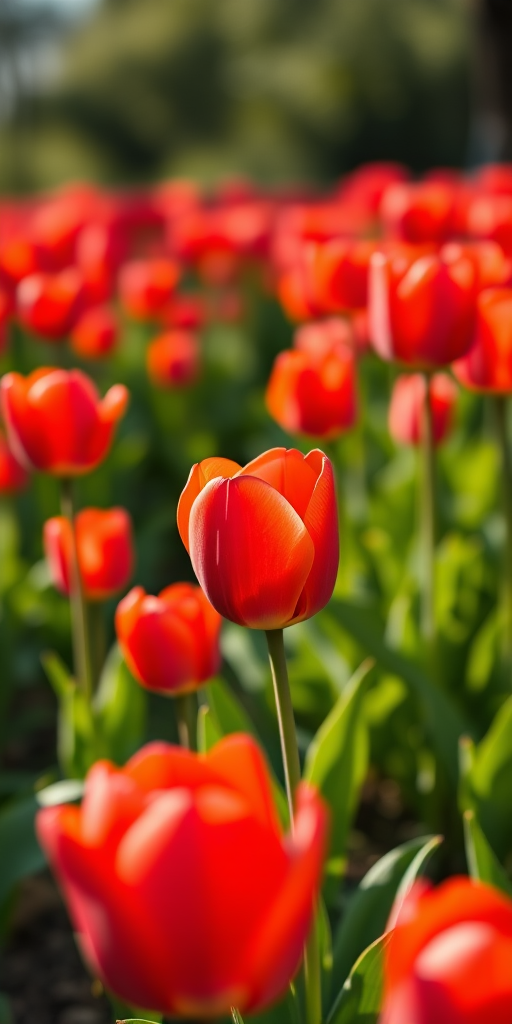 photograph a vibrant field of red tulips in full bloom with a shallow depth of field, soft natural lighting, capture from a low angle perspective, use a Canon EOS 5D Mark IV, aperture f/2.8, ISO 100, shutter speed 1/250 sec, focus on the foreground flowers to create bokeh background.
