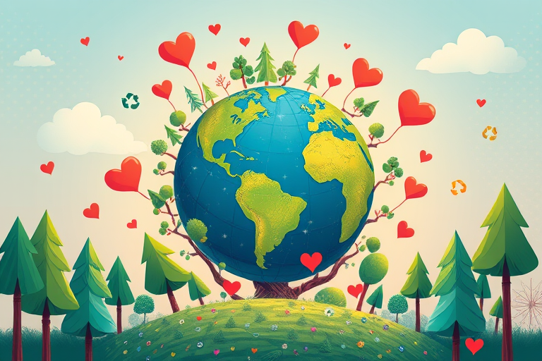 create a vibrant illustration of a stylized Earth surrounded by trees, hearts, and recycling symbols with an emphasis on environmental themes, using a DSLR camera with a 50mm lens, f/2.8 aperture, ISO 200, and a shallow depth of field for enhanced detail and color vibrancy.