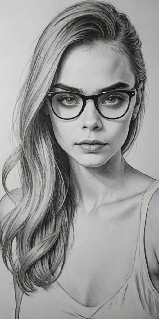 Captivating Cara Delevingne, pencil sketch, portrait of Exquisite woman 1930s in glasses, hair style beatnik, outline, clear lines, fine lines, 8k