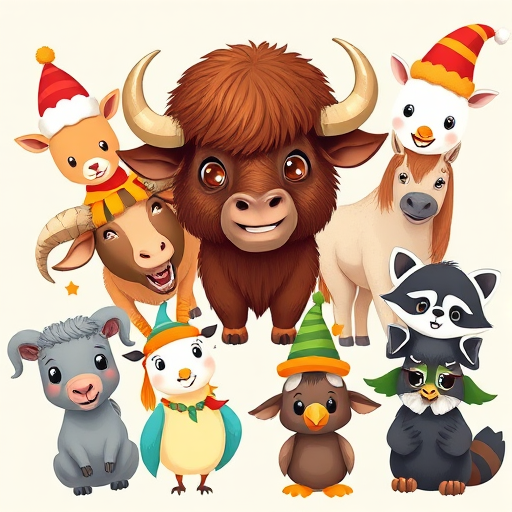 create a vibrant illustration of cute cartoon animals wearing festive hats and accessories, featuring a bison with a headdress, multiple ponies, a ram, a goat, two birds, and a raccoon, high resolution, 50mm lens, ISO 200, f/4, overhead view, digital art style