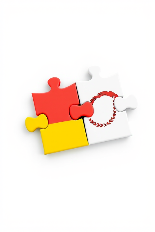 Create a 3D illustration of two puzzle pieces interlocking, one featuring the flag of Germany and the other featuring the flag of Cyprus, with a clean white background, use a DSLR camera with a 50mm lens, aperture set to f/2.8, ISO 100, and natural lighting to enhance details and colors.