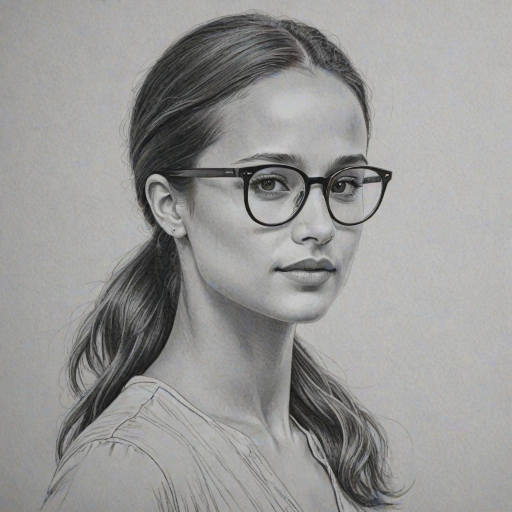 Graceful Alicia Vikander, pencil sketch, portrait of Splendid woman 1965s in glasses, hair style beatnik, outline, clear lines, fine lines, 8k