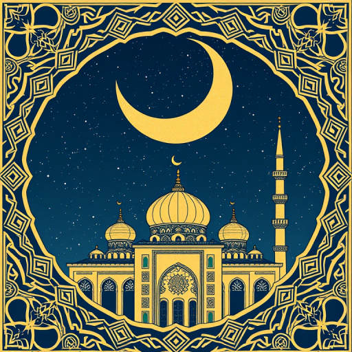 Create an intricate Islamic pattern featuring a large crescent moon, a mosque with domes and minarets, and decorative lanterns under a starry sky, using a DSLR camera, ISO 100, f/8 aperture, 50mm lens, and landscape orientation to enhance the image quality.