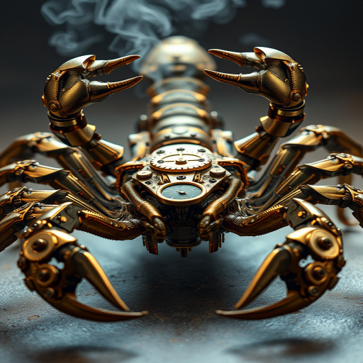 Create a high-intensity, high-resolution image of a steampunk scorpion, featuring intricate clockwork mechanisms and brass gears. The scorpion should have metallic limbs with elaborate jointed segments, showcasing a blend of Victorian-era aesthetics and futuristic technology. The body should be adorned with cogwheels, pistons, and small steam vents emitting a subtle mist, the front pinchers should up up and open. Capture the scene with dramatic lighting to emphasize the mechanical details, giving it a sense of motion and life