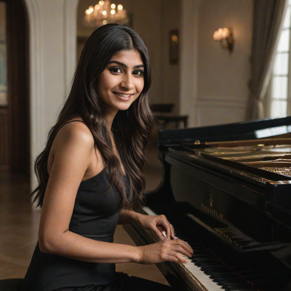 A mia khalifa with long, dark hair smiles at the viewer as she sits at a grand piano, her right hand poised over the keys. The scene is lit by warm, natural light, highlighting the elegant simplicity of the woman's black dress. The perspective is from the side, emphasizing the contrast between the woman's delicate form and the grand scale of the piano. The ivory keys and dark wood of the piano create a striking visual contrast, further emphasized by the rich black of her dress.