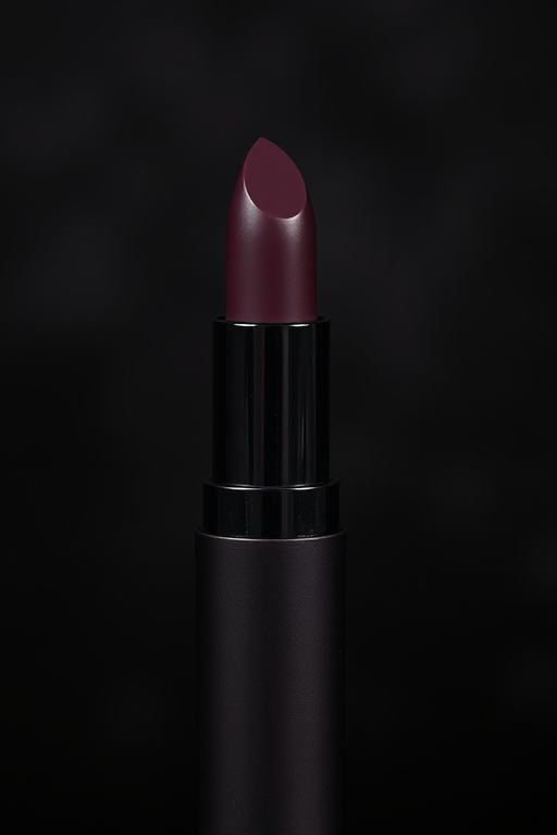 Sultry "Midnight Velvet" matte lipstick in deep plum shade, long-lasting formula with moisturizing properties, ideal for creating mysterious and alluring looks
