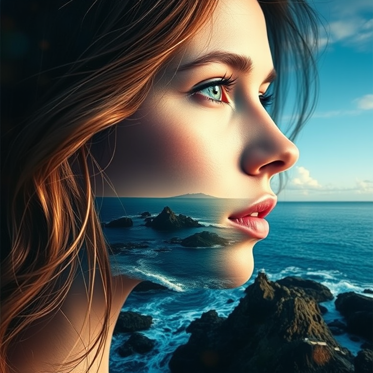 imagine Book cover, A surreal double exposure portrait that blends a woman's face with a beautiful seascape. The overall mood is dreamy and mystical, with rich colors and intricate details
