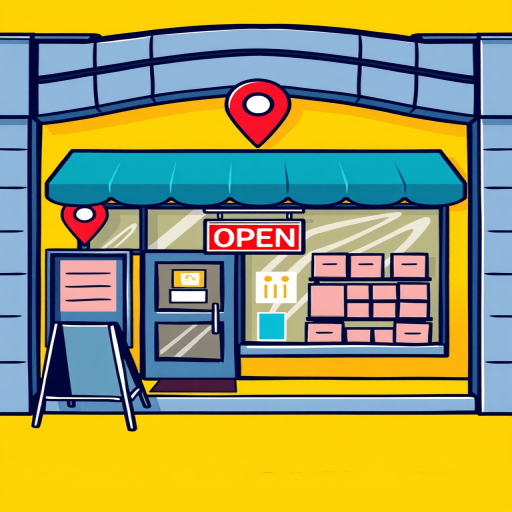 Generate a vector-style illustration of a local store with an "OPEN" sign and a location pin on a bright yellow background, using a Canon EOS R5 camera with a 50mm lens, f/1.8 aperture, ISO 100, and a shallow depth of field to enhance image clarity and vibrancy.