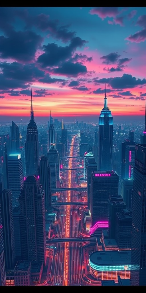 Create a high-resolution illustration of a futuristic city skyline at dusk with vibrant neon lights, using a DSLR camera, ISO 200, aperture f/8, shutter speed 1/60s, wide-angle lens, and shot from a high vantage point.