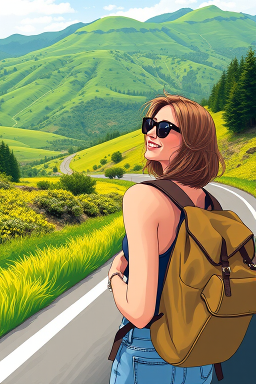 Create an illustration of a woman hitchhiking along a scenic road, wearing sunglasses and a backpack, with a vibrant green landscape in the background, captured in a wide-angle view at 24mm, with a soft focus on the background, using a digital art style.