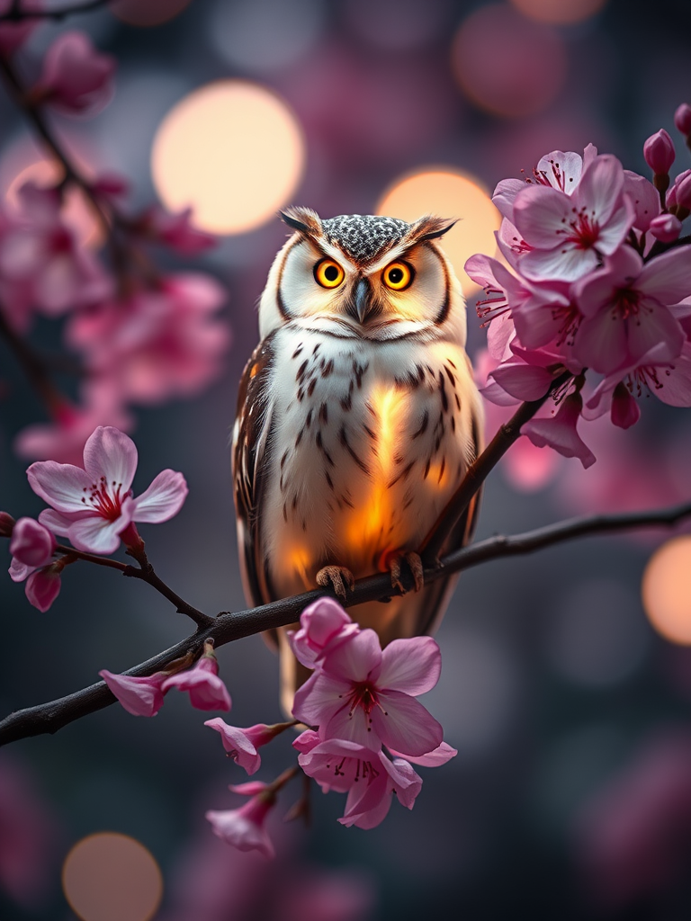 Create an enchanting scene of a glowing owl perched on a branch adorned with pink cherry blossom flowers, with soft bokeh lights in the background, captured using a Canon EOS R5 at f/1.8, ISO 100, shutter speed 1/200s, with a macro lens to focus on details and rich colors, in a dreamy, whimsical style.