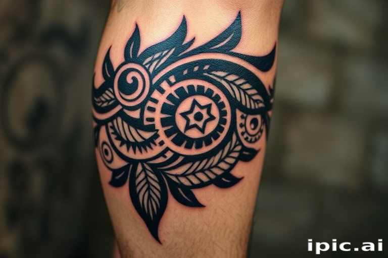 Polynesian-inspired tribal tattoo wrapping around the calf, featuring bold black patterns and symbols telling a personal story through traditional motifs