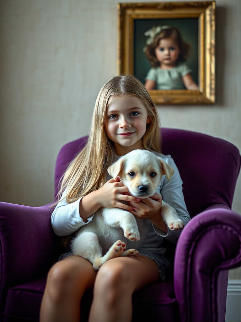 portrait of a young girl with long blonde hair sitting on a purple armchair holding a small white puppy, soft natural lighting, shallow depth of field, Canon EOS 5D Mark IV, 85mm lens, f/1.8, ISO 100, 1/200 sec, textured background with a painting of a girl in a frame on the wall