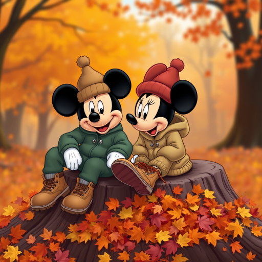 create a cartoon style of Mickey and Minnie wear Fall theme colored sweat suits with timberland boots and Bernie hats sitting together on a big tree stump surrounded by large color pile of raked leaves