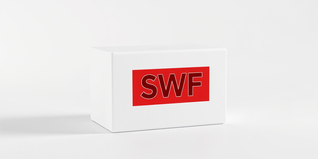 create a 3D render of a white box with a red label that reads SWF, using a Canon EOS R5 camera with a 50mm lens, aperture f/2.8, ISO 100, and a 1/60 shutter speed, in a clean studio setting with soft lighting to enhance image quality
