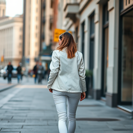 Regenerate the image of a woman walking down a city street wearing a white jacket and light pants, captured in shallow depth of field with a 50mm lens at f/1.8, ISO 100, and a shutter speed of 1/200s, in natural daylight with a focus on vibrant colors and sharp details.