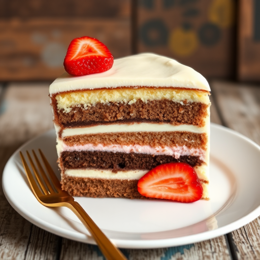 A slice of layered cake on a white plate with a gold fork beside it featuring chocolate vanilla and strawberry layers with smooth frosting and a rustic background