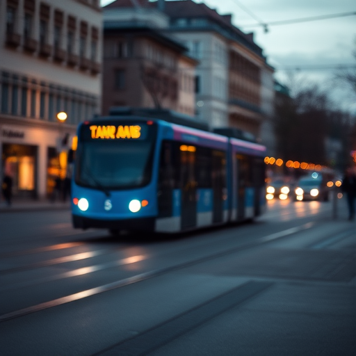 city street at dusk with a blue tram numbered 5 approaching, soft focus on background buildings and streetlights illuminating the scene, 50mm lens, f/1.8 aperture, ISO 200, shutter speed 1/250 sec, shot from a low angle for perspective, captured with a DSLR camera