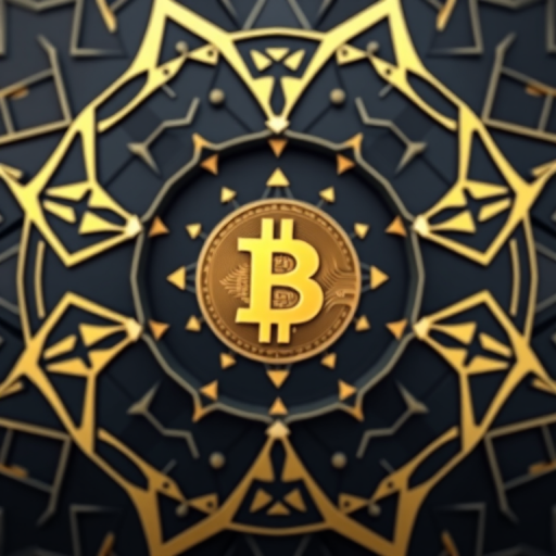 Create a high-resolution digital illustration of a Bitcoin symbol centered in an intricate black and gold geometric background, 50mm lens, f/2.8 aperture, ISO 100, 1/250 sec shutter speed, top-down view, using a DSLR camera.
