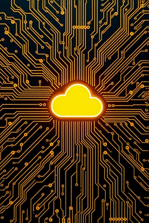 Generate an image of a glowing yellow cloud icon at the center of a complex black and yellow circuit board pattern, using a Canon EOS R5 camera, with a 50mm lens, aperture set to f/1.8, ISO 100, and a shutter speed of 1/200s.