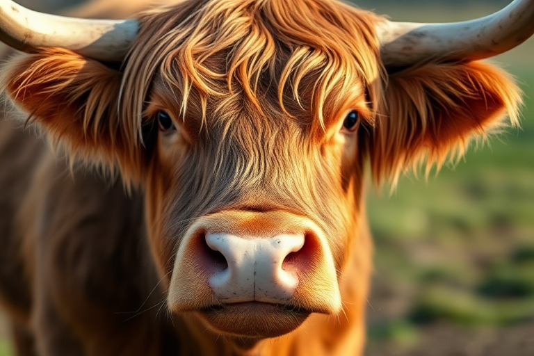 Highland cow portrait, close-up, natural light, f/2.8 aperture, 85mm lens, ISO 100, shallow depth of field, DSLR camera, vibrant colors, blurred background.