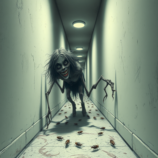 a crooked female with long arms and a creepy smile is crawling along a long white corridor and you can also see cockroaches in it there is a creepy atmosphere creepy art style