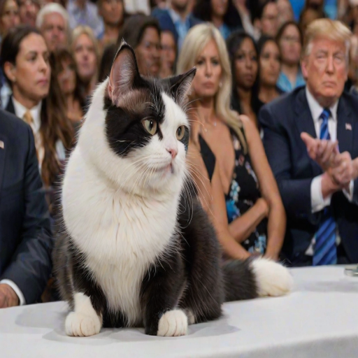 A close-up photograph of a white and black cat sitting on a table during an event where Donald Trump is giving a speech in front of a crowd. The cat's tail is curled beside it, and its predominantly white face displays a distinctive expression, resembling a domestic shorthair, with slightly squinted eyes that convey frustration. In front of the cat, Trump passionately addresses the audience, while the cat sits grumpily on the table, seemingly unimpressed by the political event unfolding around it.