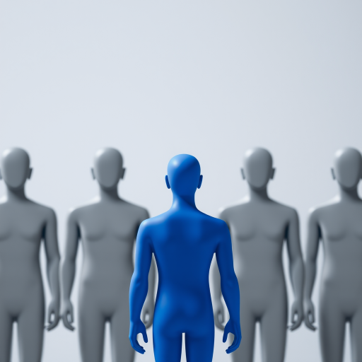 Regenerate the image of a blue human figure standing in front of five gray human figures, using a DSLR camera with a 50mm lens, aperture f/2.8, ISO 100, natural lighting, and a shallow depth of field for enhanced quality.