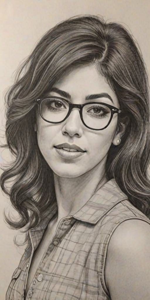 Charming Stephanie Beatriz, pencil sketch, portrait of Superb woman 1963s in glasses, hair style beatnik, outline, clear lines, fine lines, 8k