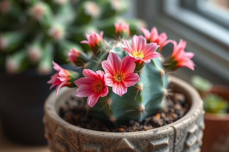 Generate a high-resolution image of a cactus with pink flowers in a textured pot, taken with a DSLR camera at f/2.8 aperture, ISO 100, in natural light; use a macro lens for close-up detail and a soft focus background to highlight the cactus.