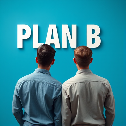 Create an image of two men standing with their backs to the viewer looking at a large text that reads "Plan B," set against a solid blue background, using a Canon EOS 5D Mark IV, f/2.8 aperture, ISO 100, 35mm focal length, with a shallow depth of field and soft focus to enhance the background.