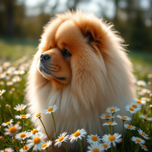 A fluffy Chow Chow dog in profile surrounded by daisies, soft natural lighting, shallow depth of field, 50mm lens, f/2.8 aperture, ISO 200, shot from eye level with a DSLR camera.
