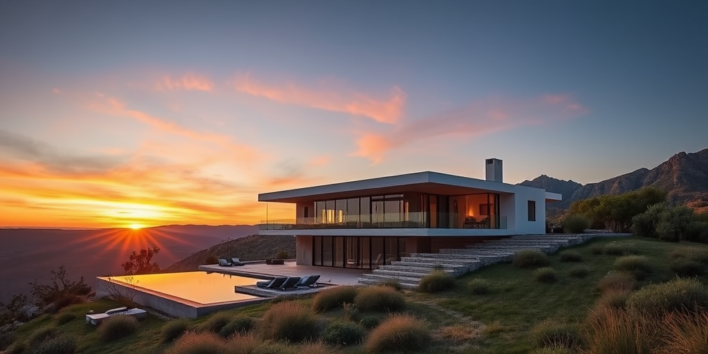modern architectural house with a pool in a mountain landscape at sunset, HDR imaging, f/8 aperture, ISO 100, 24mm focal length, wide-angle view, shot with a mirrorless camera