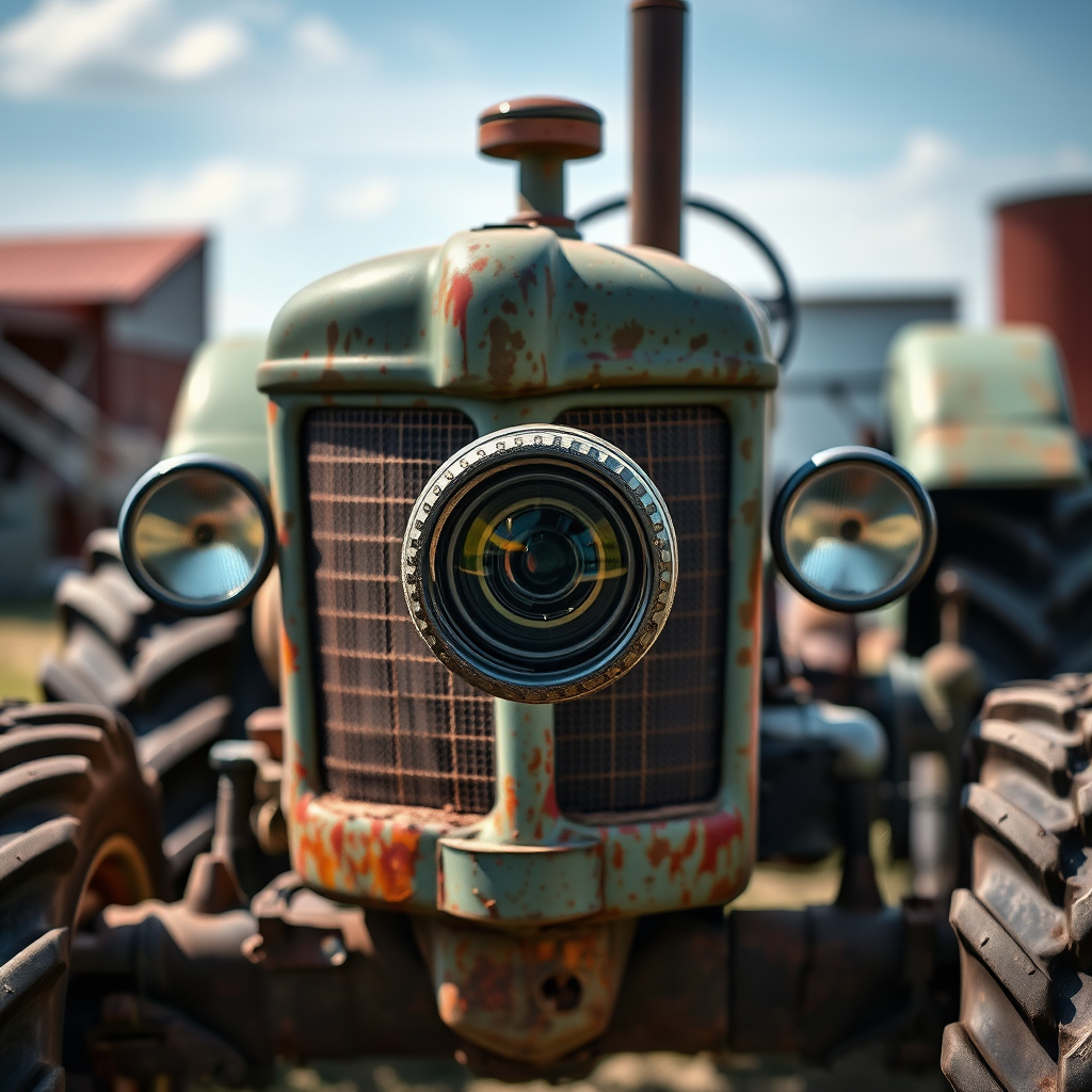 Capture a vintage tractor with a close-up view, using a DSLR camera with a 50mm lens, aperture set to f/2.8, ISO 100, and natural lighting for detailed textures.