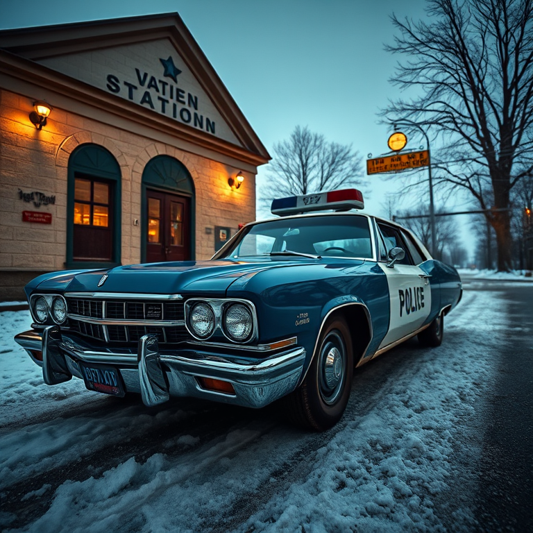 Create a highly detailed scene of a vintage police car parked outside an old station with snow on the ground and soft evening lighting, using a DSLR camera at f/2.8, ISO 100, 50mm lens, low angle view, and HDR imaging for enhanced depth and color.