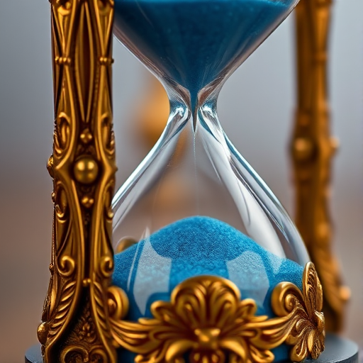Create a highly detailed close-up of an ornate hourglass with intricate golden engravings and sparkling blue sand, using a Canon EOS R5 camera, 85mm lens, f/1.4 aperture, ISO 100, with soft studio lighting to enhance reflections and depth.