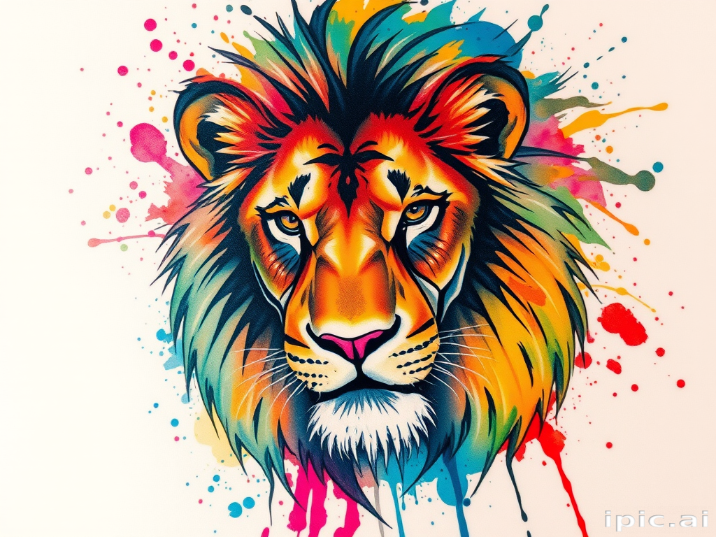 Watercolor splash tattoo creating an abstract representation of a majestic lion, vibrant primary colors bleeding into each other, energetic brushstrokes and ink splatters, fluid and dynamic