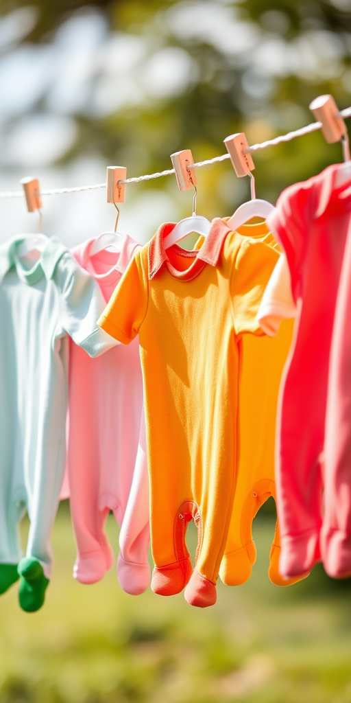 colorful baby onesies hanging on a clothesline with green socks, soft focus, taken with a DSLR camera, f/4 aperture, ISO 100, 50mm lens, natural lighting, portrait orientation, vibrant colors, high resolution