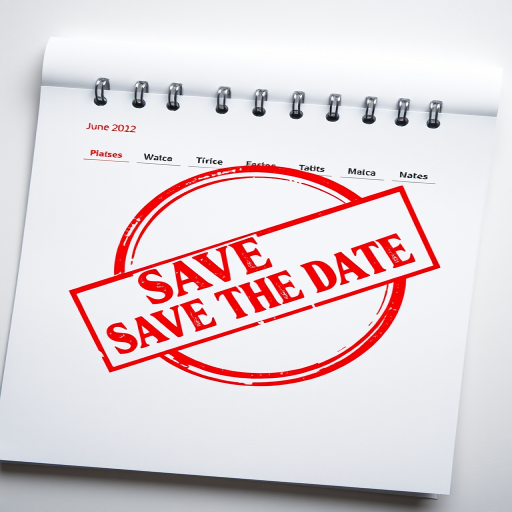Create an image of a blank calendar page with a prominent red "SAVE THE DATE" stamp, shot with a DSLR camera at f/4 aperture, ISO 100, 1/125 sec shutter speed, in a flat lay view with soft diffuse lighting.