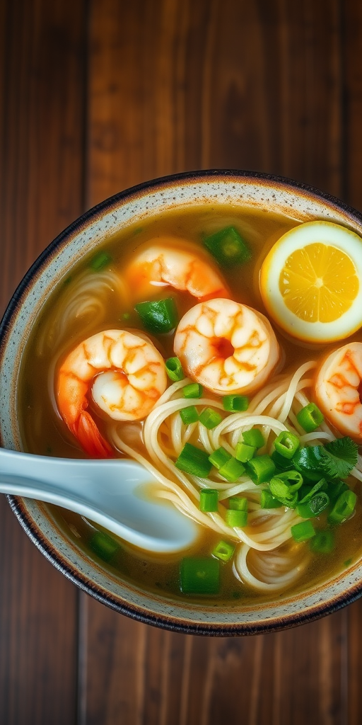 Create a high-resolution image of a bowl of shrimp noodle soup from a top-down view, using a macro lens with an aperture of f/2.8, ISO 100, and a shutter speed of 1/250s to enhance detail and color vibrancy.