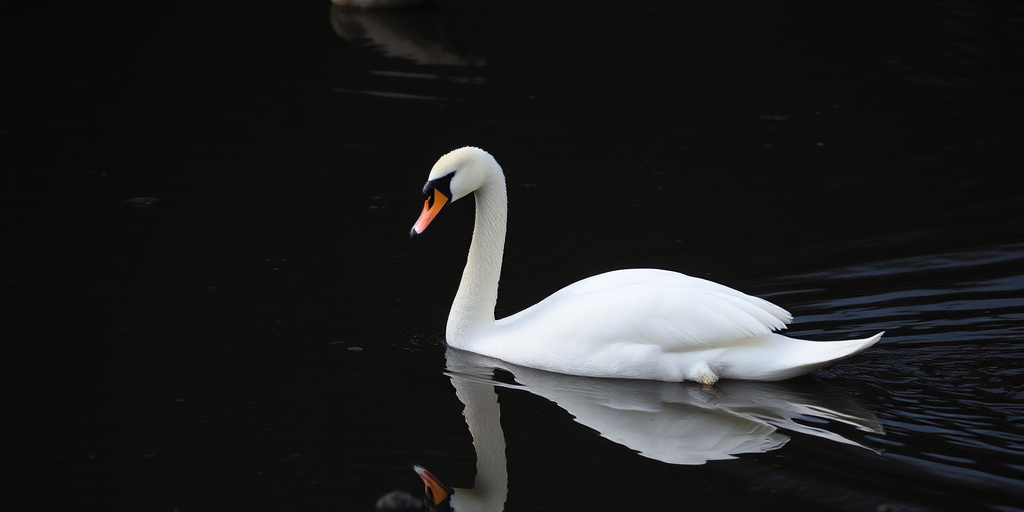 Swan swimming on dark water with reflections, low angle view, shallow depth of field, ISO 100, f/2.8, 1/200 sec, DSLR camera, natural light.