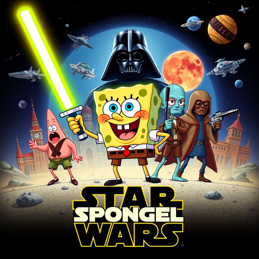 Create a parody of the Star Wars poster with SpongeBob as Luke Skywalker, holding a glowing spatula like a lightsaber. Patrick Star takes the role of Han Solo, holding a blaster, while Squidward is Obi-Wan Kenobi, draped in robes. In the background, Plankton appears as Darth Vader, with Bikini Bottom’s landmarks reimagined as spaceships and planets. The iconic Star Wars logo is swapped for "Sponge Wars," creating a playful, sci-fi adventure scene.