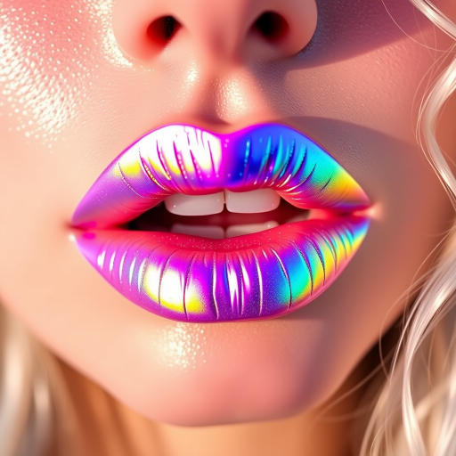 Holographic Unicorn Kiss lip style features an iridescent, multi-colored sheen that shifts in the light, perfect for festival-goers and those with a playful, adventurous spirit
